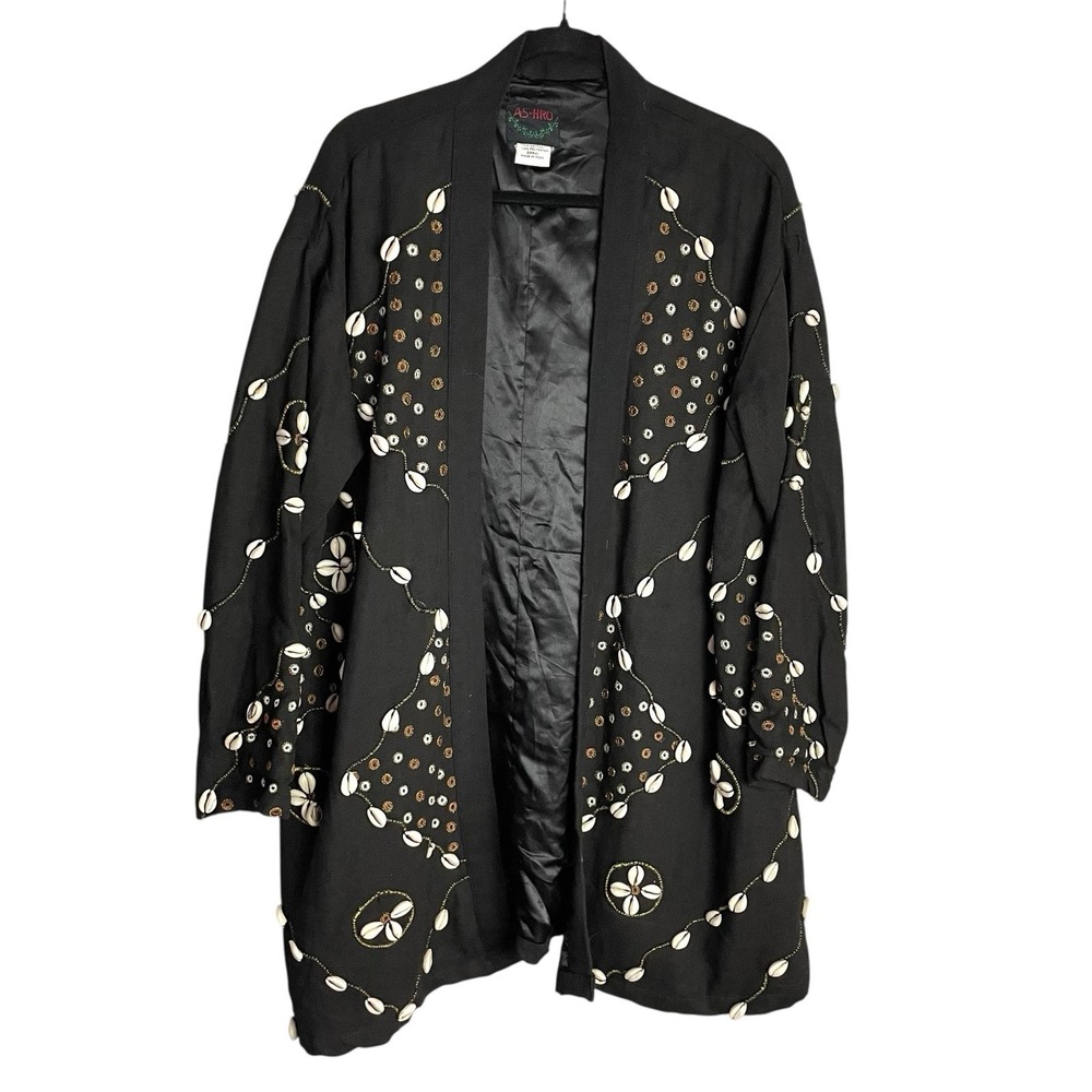 Ashro Cowrie Shell Jacket Coat Womens S Black Embroidered Art to Wear Oversized